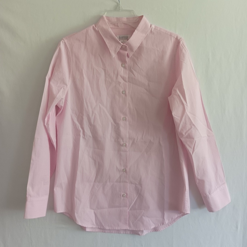 Barneys New York Button Down Women 42 Pink/White Striped Cotton Long Sleeve EUC